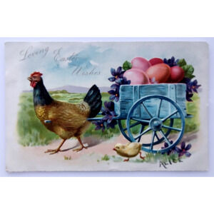 Easter Postcard Rooster With Painted Egg Cart Flowers Baby Chick Fantasy Tuck